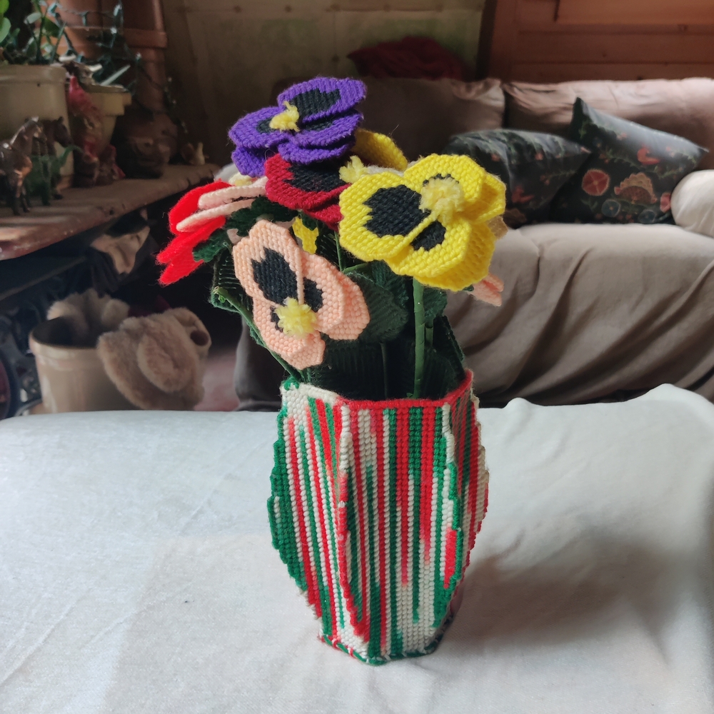 Vintage Morning Glory Pansy Flower Bouquet Plastic Canvas in Vase Granny Cottage
